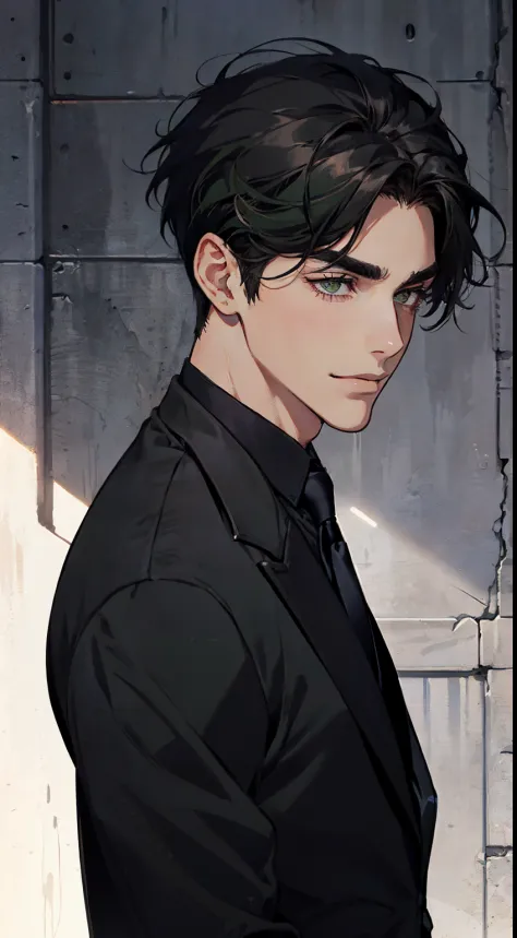((One man with a black suit and tie)), New York City, gotham, alejandro, he looks very sophisticated, (((left-side swept black s...