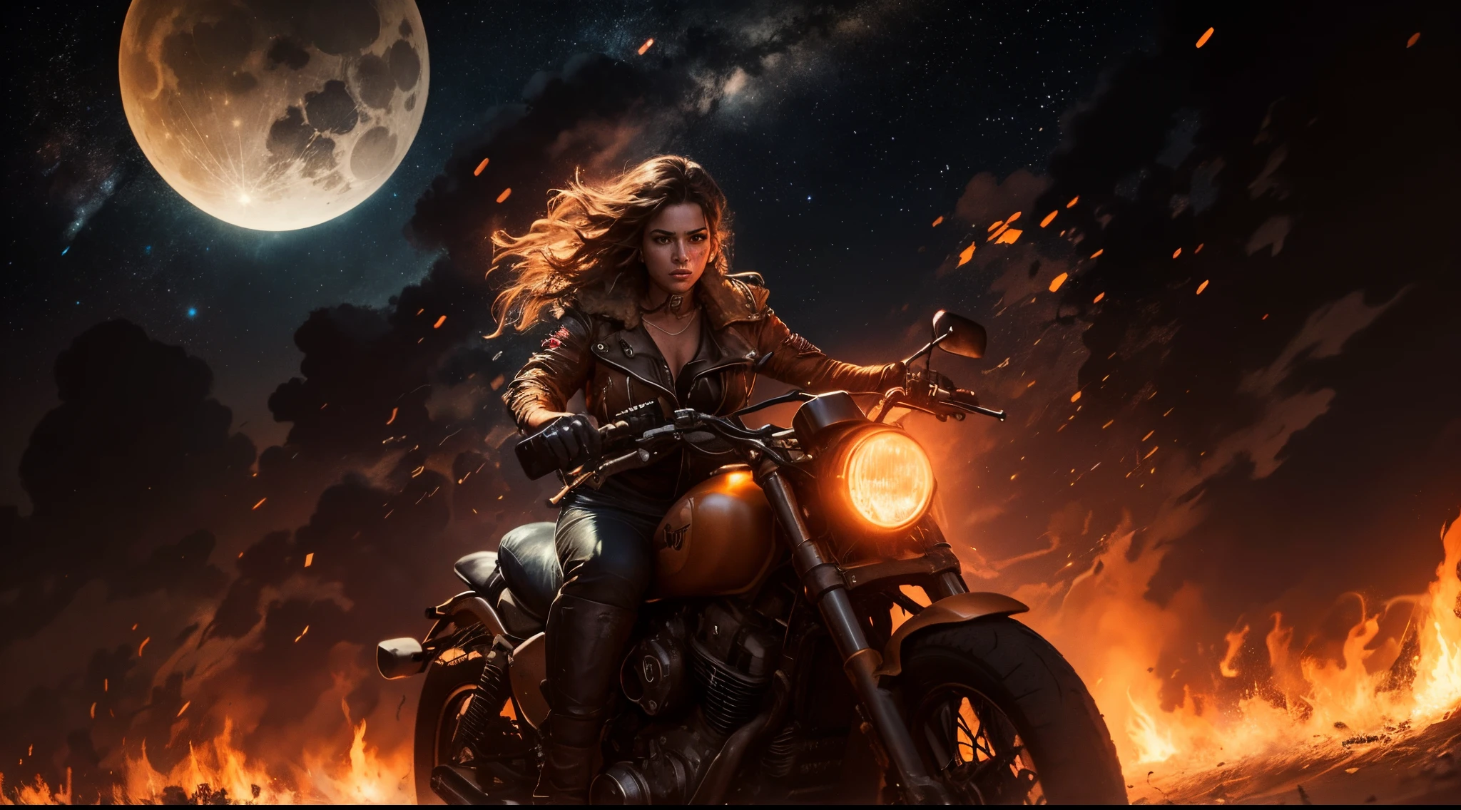 Mulher pilotando uma motobike ao estilo de Mad Max, In the background, lots of fire and flames and a sky with many stars and constellations with the full moon in the background