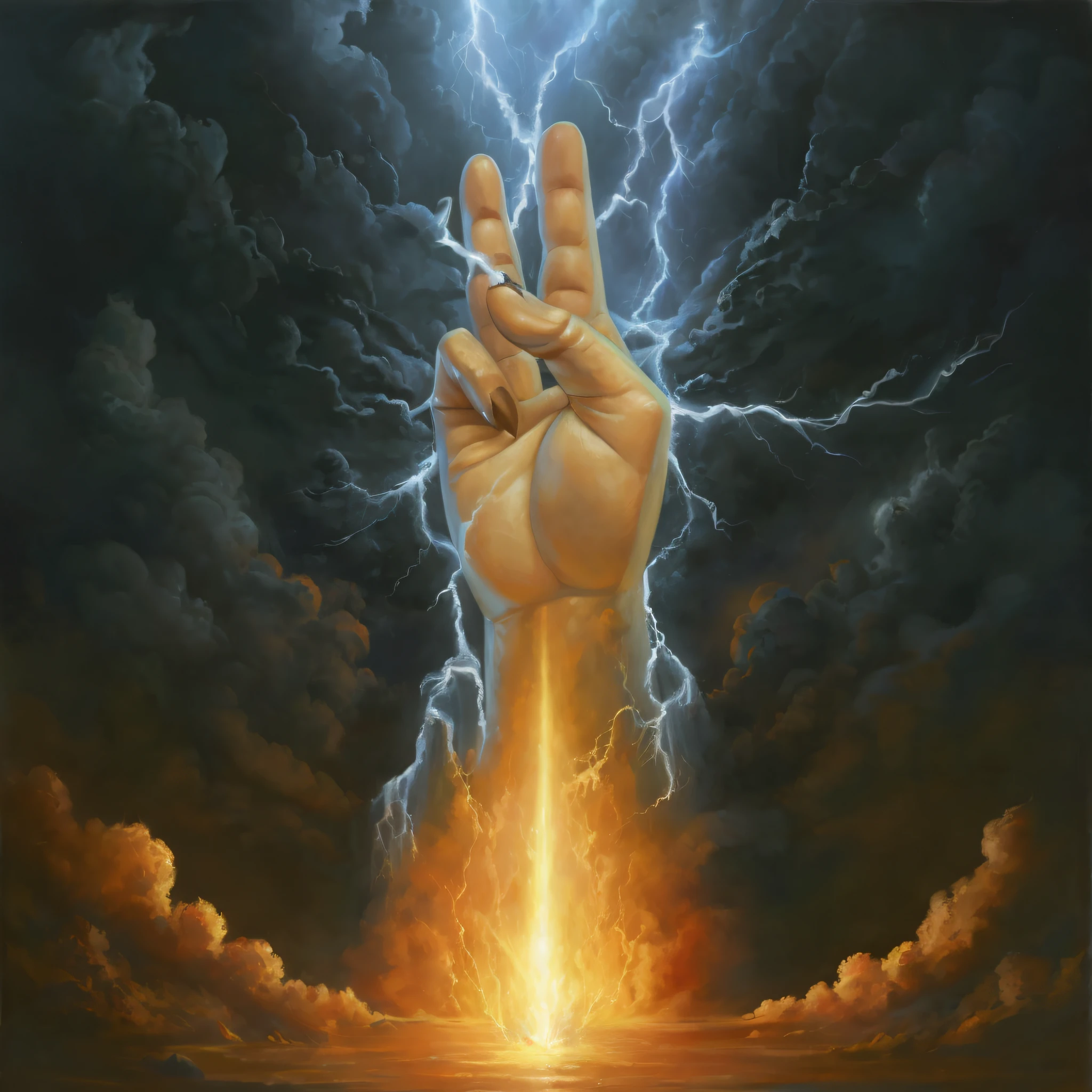 painting of a hand with lightning coming out of it, finger of god, forming a burning hand spell, rob McNaughton, by tomasz alen kopera, rob rey, holding trident, fireball hand, rhads!!!, by Christophe Vacher, by Randy Gallegos, by Jason Benjamin, inspired by Christophe Vacher, by Robert Bain, holy fire spell art