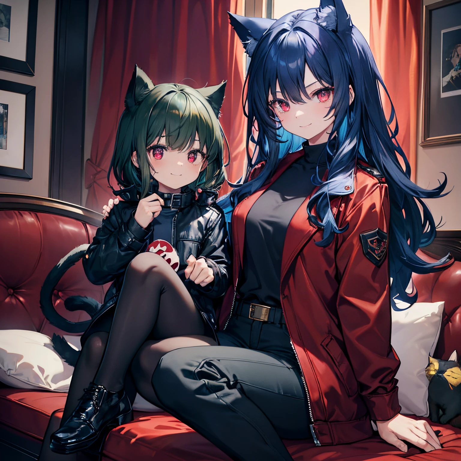 Anime characters sitting on a couch with a cat costume on - SeaArt AI