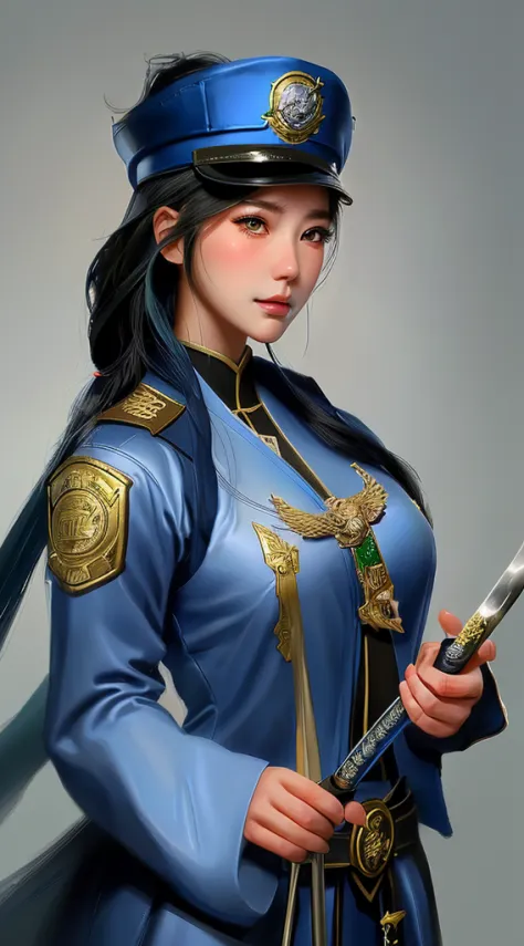 a woman in a uniform with a hat and a sword, a character portrait by Yang J, trending on Artstation, fantasy art, extremely deta...