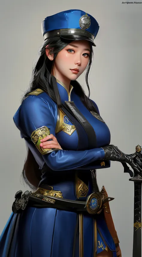 a woman in a uniform with a hat and a sword, a character portrait by yang j, trending on artstation, fantasy art, extremely deta...