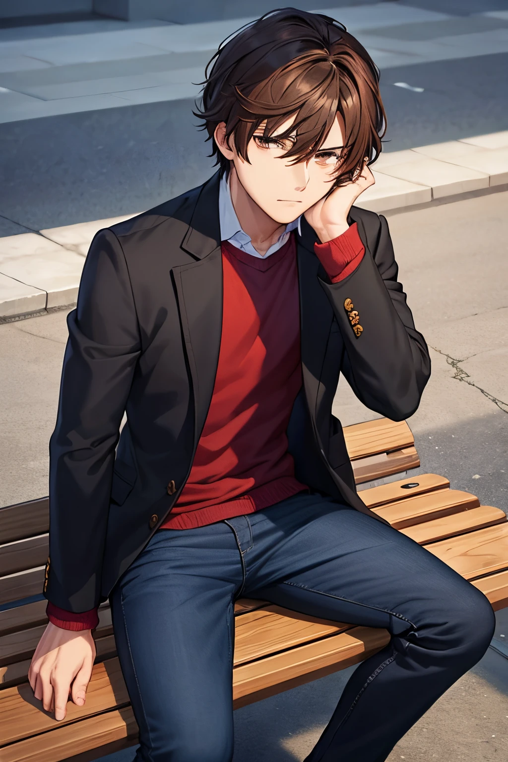 Anime guy sitting on a bench with his hand on his face - SeaArt AI