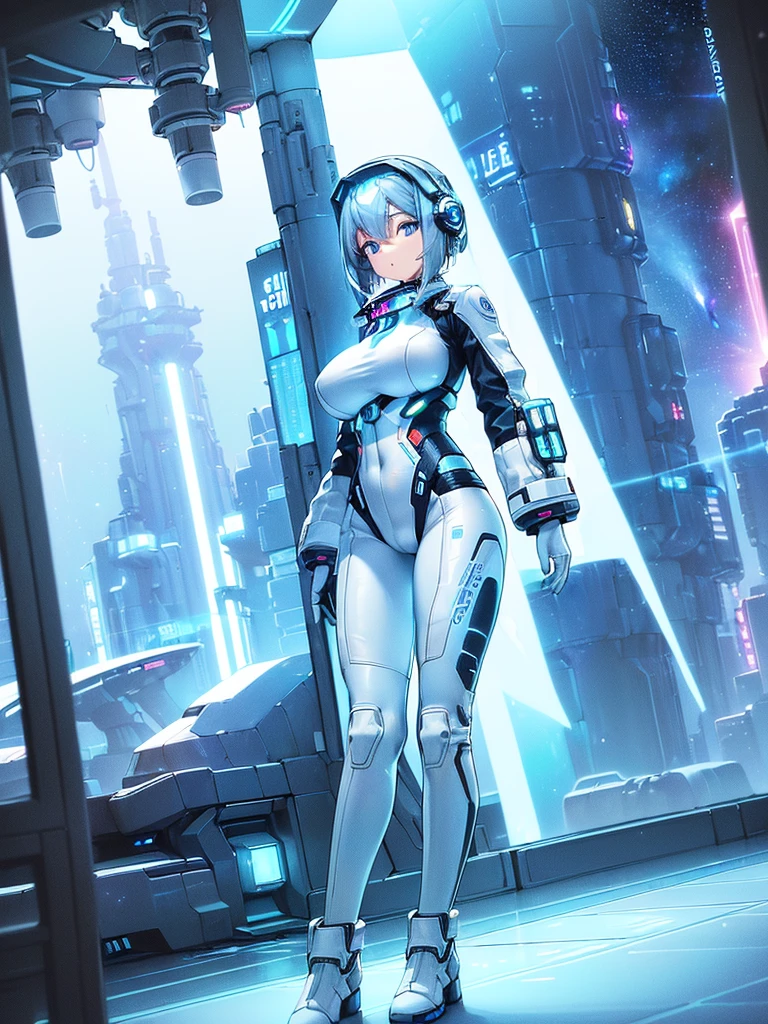 ​masterpiece:1.4, 1girl in ((20yr old, Wearing a futuristic white and silver costume, Tight Fit Bodysuit, long boots, Very gigantic-breasts, (Colorful blue hair):1.3, a short bob, Perfect model body, Blue eyes:1.2, Wearing headphones, Looking out the window of the futuristic sci-fi space station、While admiring the beautiful galaxy:1.2, SFSF control room on night background:1.1, Neon and energetic atmosphere:1.2)) ((Galaxy))