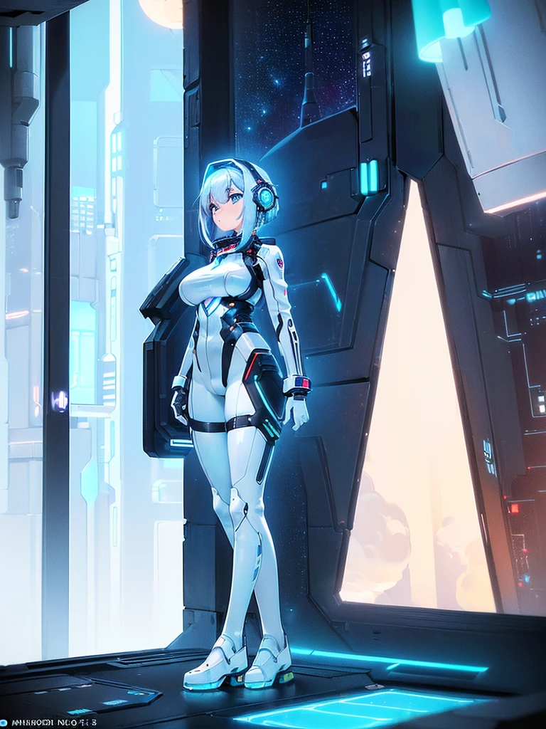 ​masterpiece:1.4, 1girl in ((20yr old, Wearing a futuristic white and silver costume, Tight Fit Bodysuit, long boots, Very gigantic-breasts, (Colorful blue hair):1.3, a short bob, Perfect model body, Blue eyes:1.2, Wearing headphones, Looking out the window of the futuristic sci-fi space station、While admiring the beautiful galaxy:1.2, SFSF control room on night background:1.1, Neon and energetic atmosphere:1.2)) ((Galaxy))