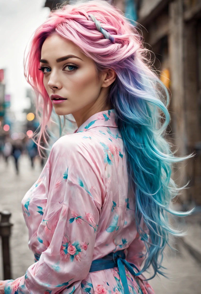 uma mulher com longos cabelos rosa e azuis e uma camisa branca, cabelos longos com cores pastel, cabelo rosa e azul, vibrant pastel colors, pastel colorido, cor rosa e azul, pastel blues and roses, cor pastel, Cabelos Pastel, vivid pastel colors, pastel coloring, Cores azul e rosa, fantastically pastel colors, cabelos coloridos de aurora, cor pastel brilhante, retrato, foco nos olhos, highes definition, focus on hands, highes definition, segurando uma espada japonesa de cabo vermelho, katana, swinging the sword up and down, rastro do movimento.