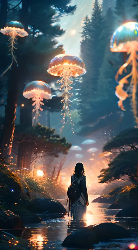 "(best quality,8k),detailed girl with long black hair and beautiful detailed eyes, standing alone in a forest of jellyfish, wear...