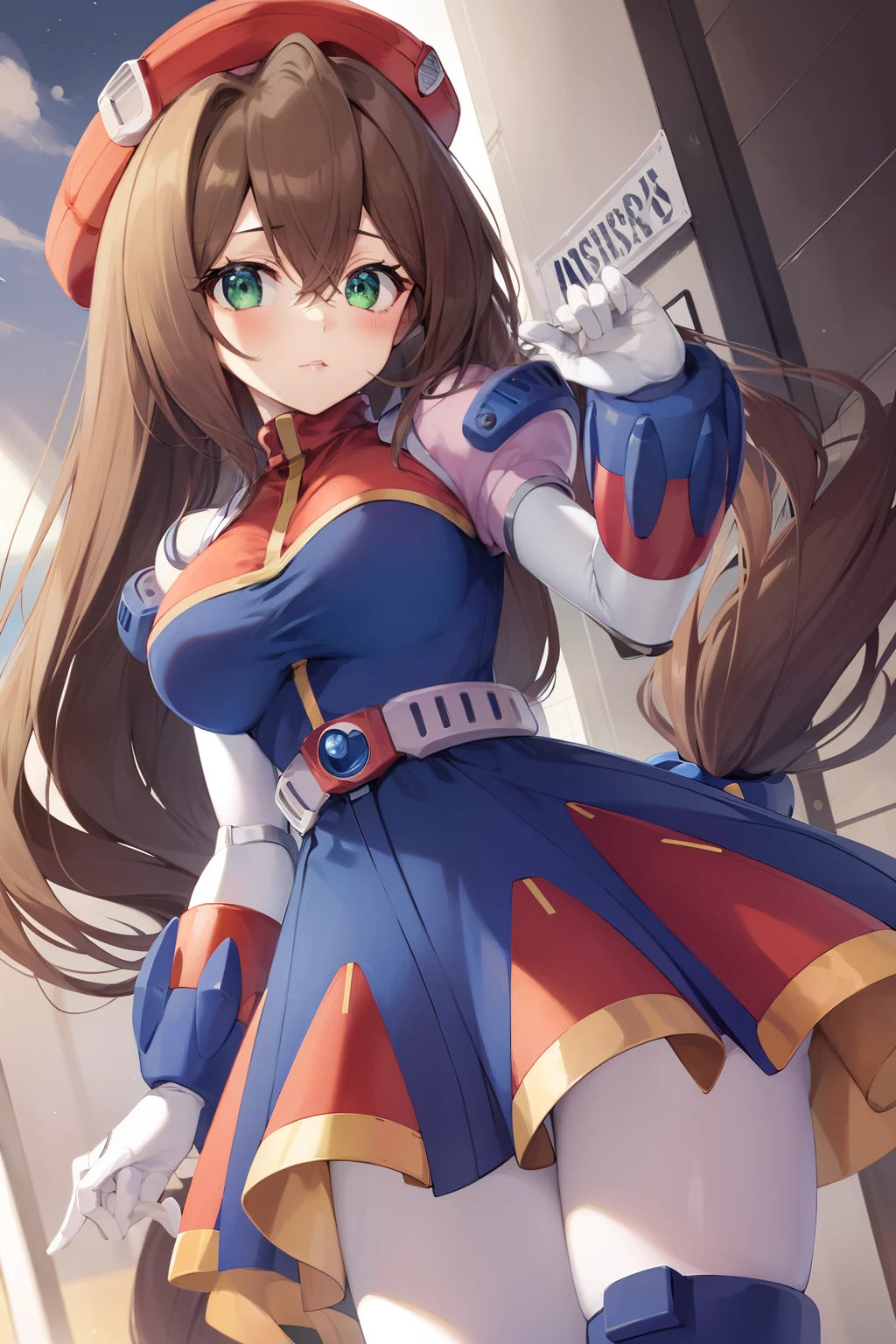 iris_megamanx, 1girl, solo, android, long hair, brown hair, hat, green eyes, white gloves, beret, upper body, high quality, masterpiece,