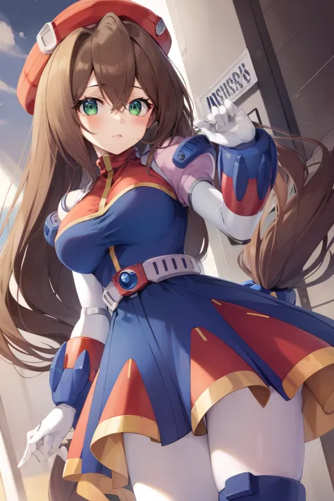 iris_megamanx, 1girl, solo, android, long hair, brown hair, hat, green eyes, white gloves, beret, upper body, high quality, mast...