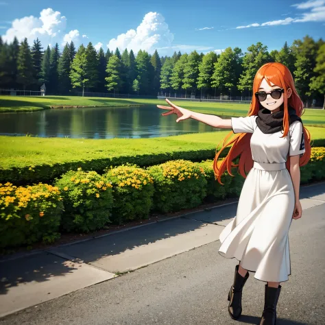 Young girl, orange hair, wearing black scarf, white dress, black boots, wearing sun glasses, in europe, london streets, tourist, tamisa river in background, smilling, full body in art, 4k, masterpiece, good anathomy