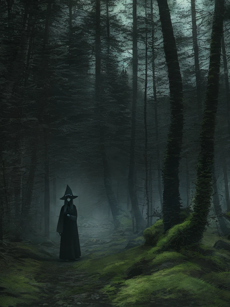 scary dark witch in a dark Norwegian forest with mist