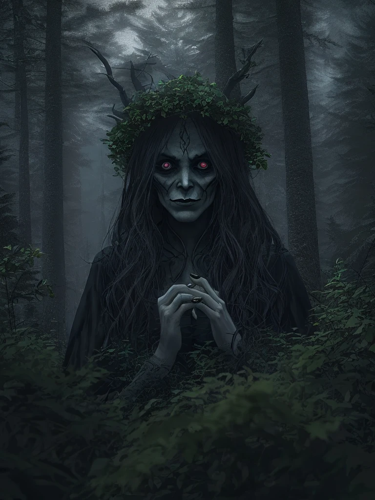 scary dark witch in a dark Norwegian forest with mist