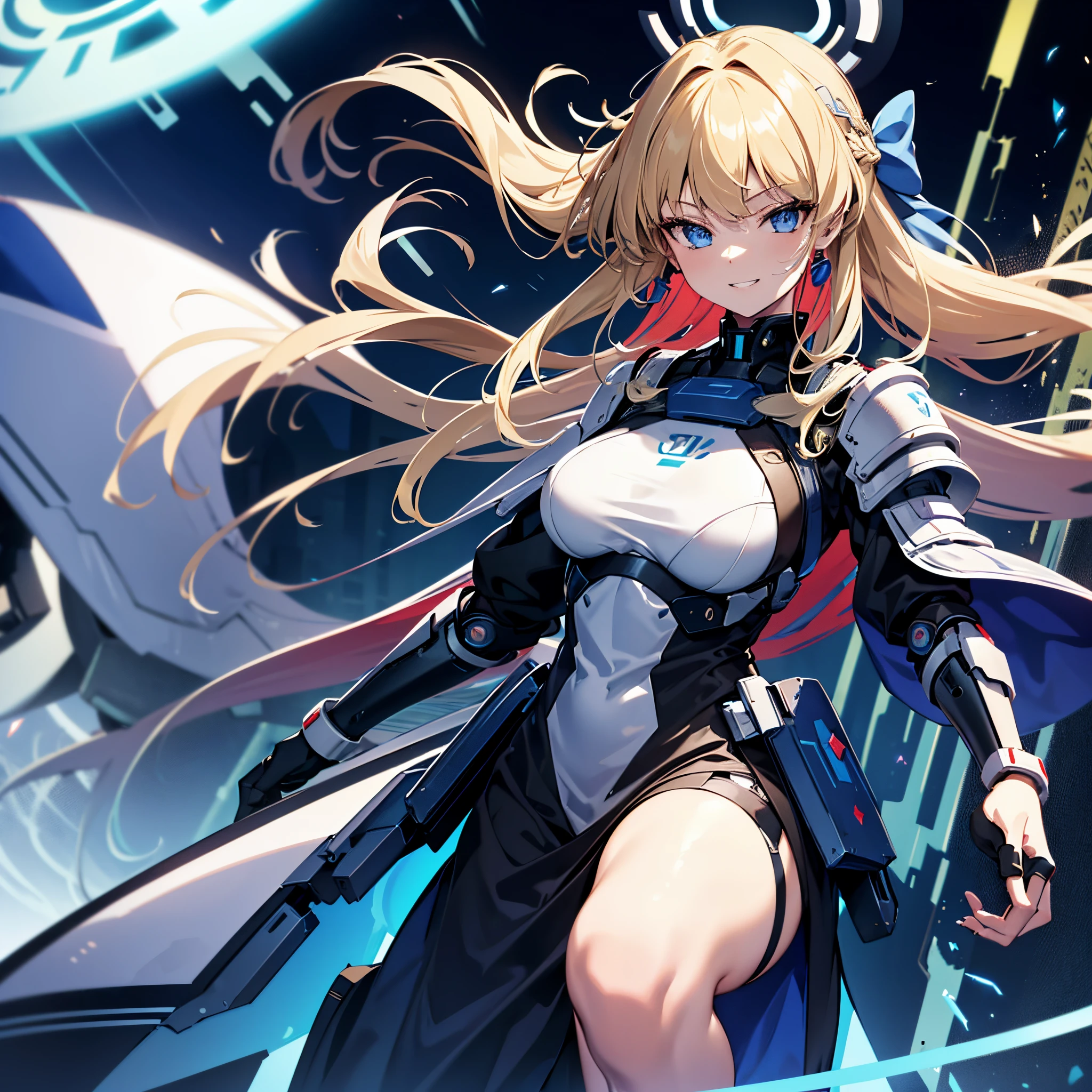 1 girl, solo, Asuma_Toki, Blue_Archive, mature woman, gorgeous girl, blonde hair with colourful tips, long hair, hair between eyes, side bangs, grin, evil grin, medium breasts, cool hairpin accessory, futuristic halo above head, red and black mecha body armour, cool pose, holding knife