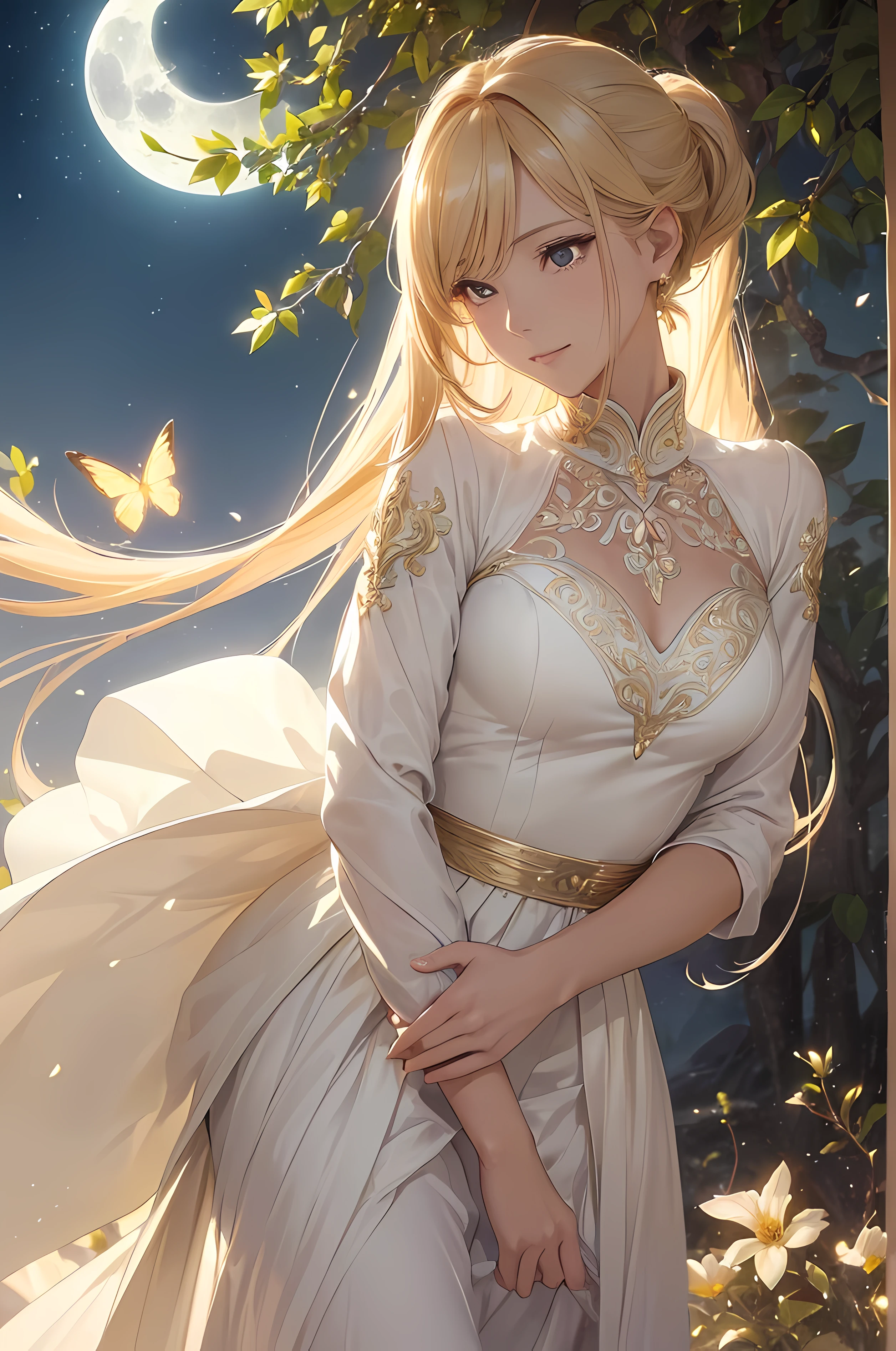 Anime girl in white dress with long blonde hair and butterfly - SeaArt AI