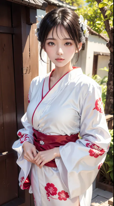 an arafi asian woman wearing a kimono standing in front of the door, white hanfu, wearing white silk robe, wearing silver silk r...