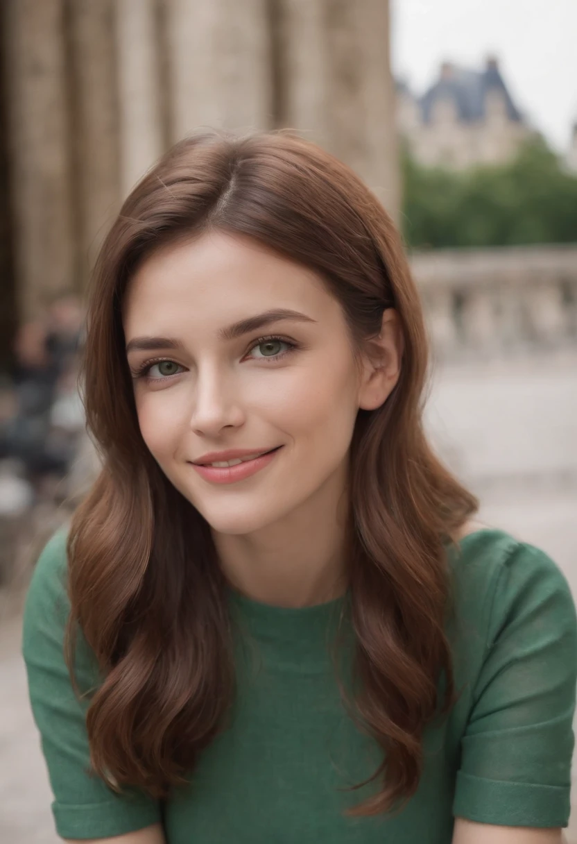 A close up of a woman with long hair and a green shirt - SeaArt AI