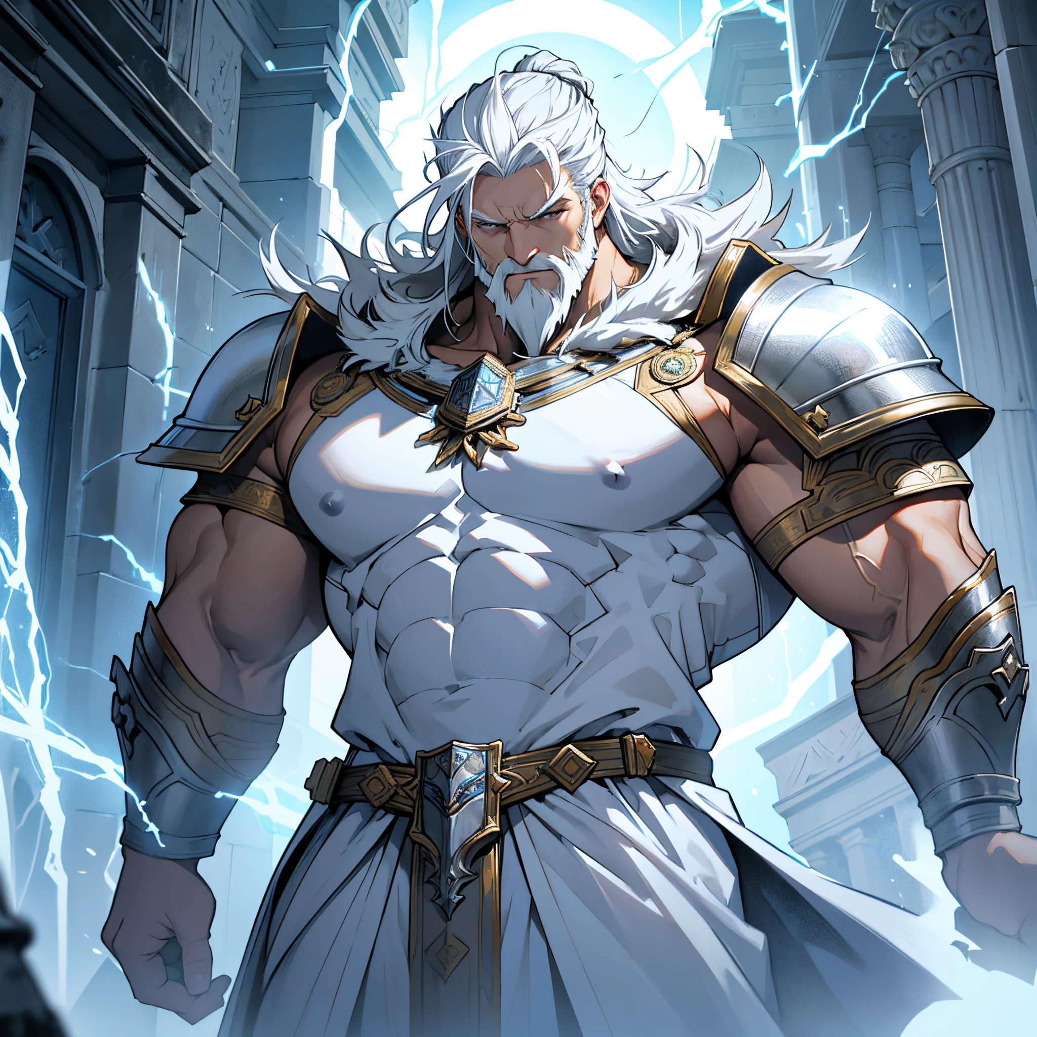 ​masterpiece, 4k, Large elderly knight in white metal armor, zeus style, White Cloak, white neat hair,imperial royal family, salama, thunderstorm, thunderbolts, Background with: Temple of Zeus struck by lightning