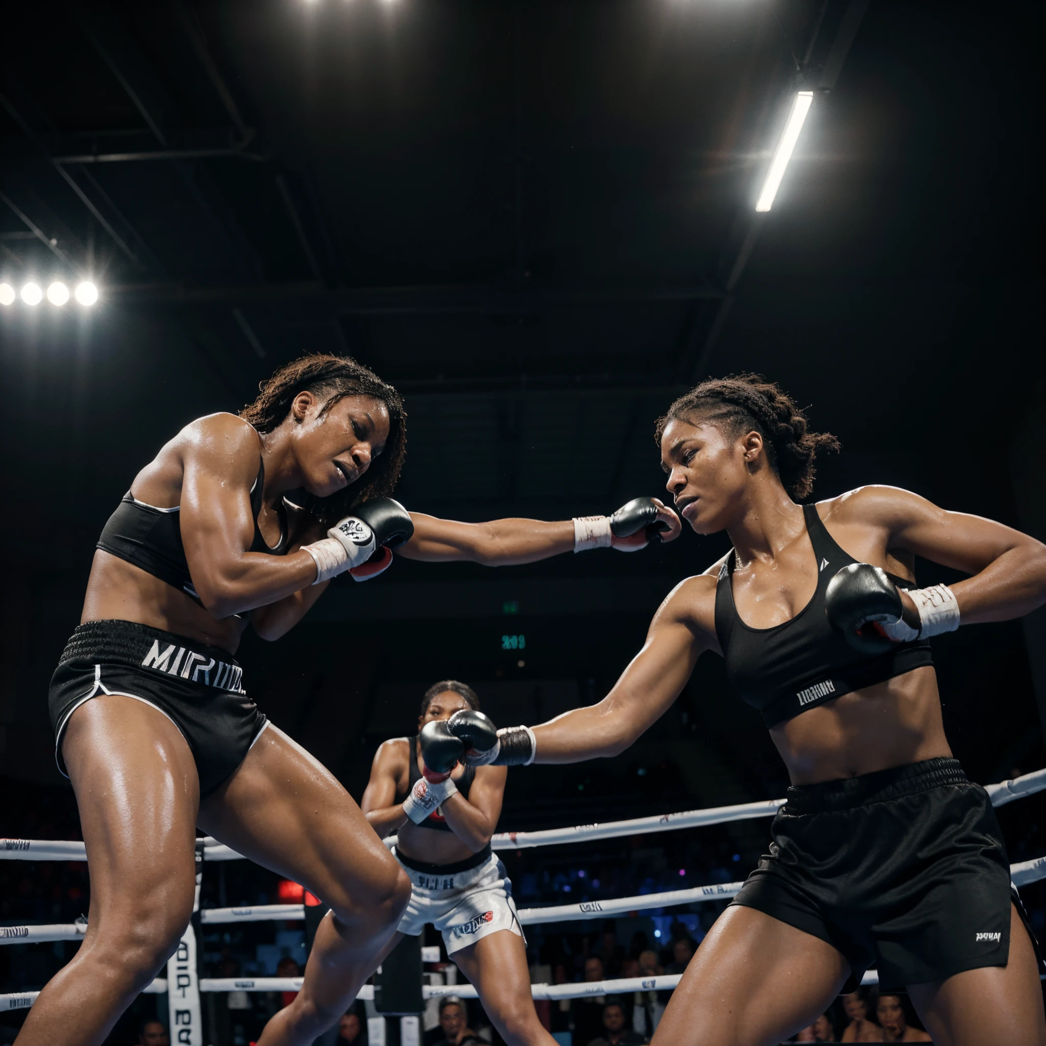 Two Black women boxers fighting in the boxing ring, fierce and aggressive  match between professionals, sweaty