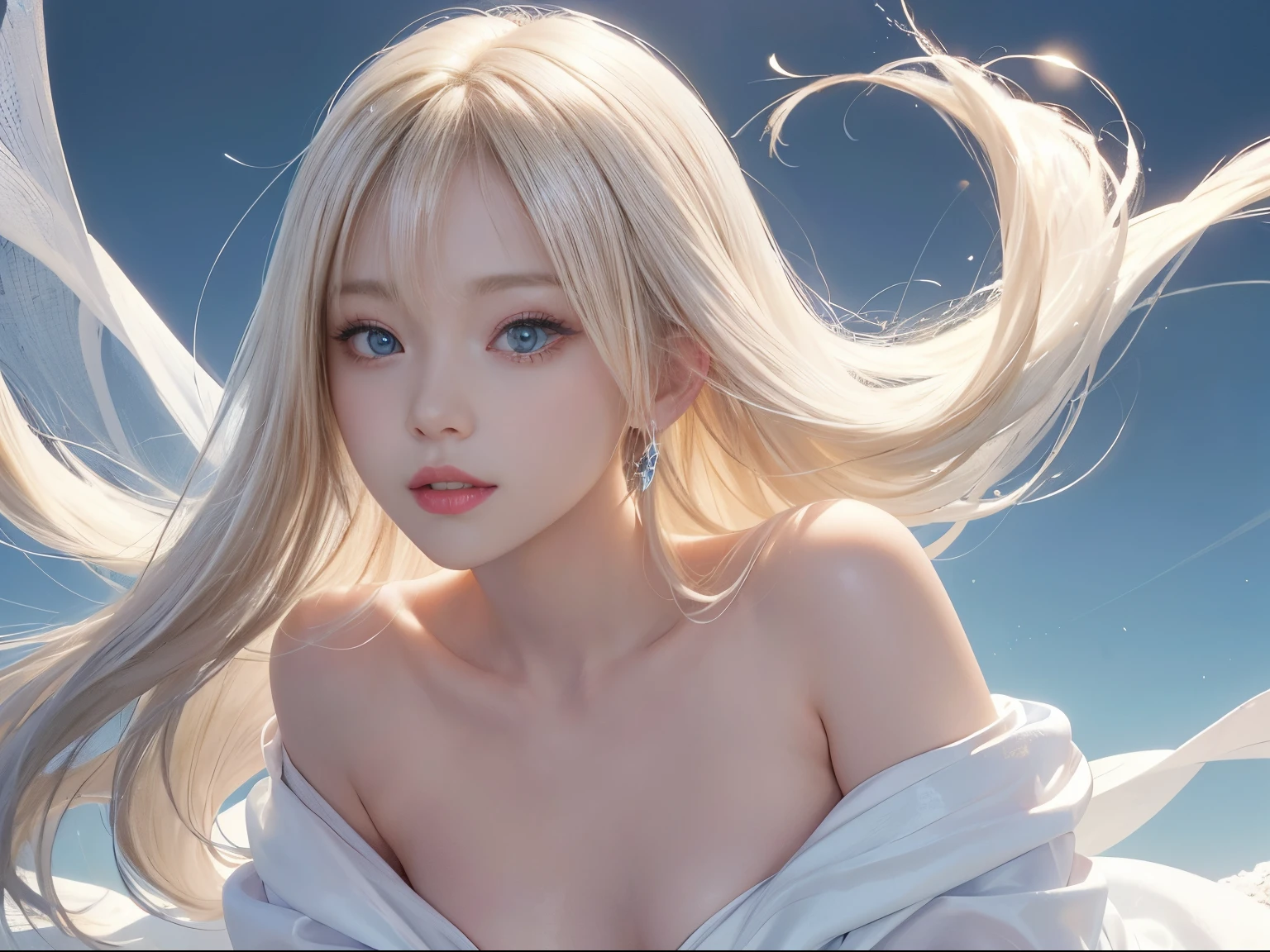 1 girl、portlate、blue-sky、Bright and very beautiful face、年轻, shiny white shiny skin、Best Looks、Blonde hair with dazzling light reflection、Beautiful Platinum Blonde Super Long Silky Straight Hair Gloss、Long bangs、Extraordinarily beautiful 17 years old、Glowing clear eyes、Beautiful lovely beautiful girl、Smiled、Gentle、