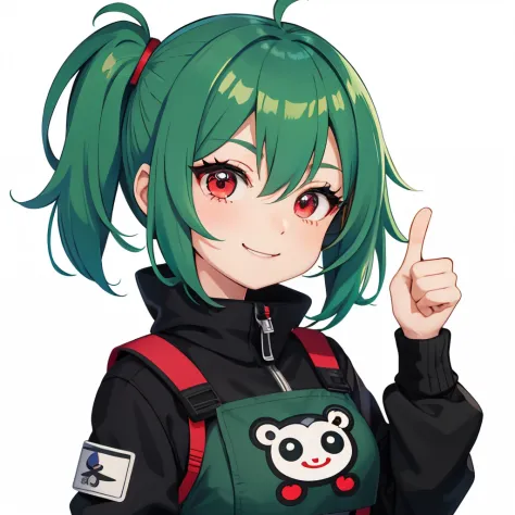 1girl, solo, (twitch emote:1), chibi, green hair , red eyes, thumbs up, smiling, upper body, cartoon, white background, sticker,...