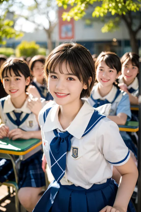 ​masterpiece, top-quality、Raw foto, Photorealsitic、1little girl、12year old、Junior High School Classroom、Jubilant look、sideshot、(facial close-up)、dance with your whole body、White blouses、A smile、Very Shorthair、Junior High School Uniforms、unbelievable Ridicu...