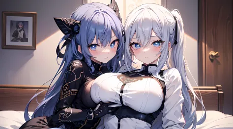 2 girl, posing for a picture on bed, hugging each other, boob touching, hand on chest, touching breast, (two tone colored hair, black and white hair), blushed face, battle knight suit, breast plate, long skirt, big breast, pixiv, anime girls, mischievous f...