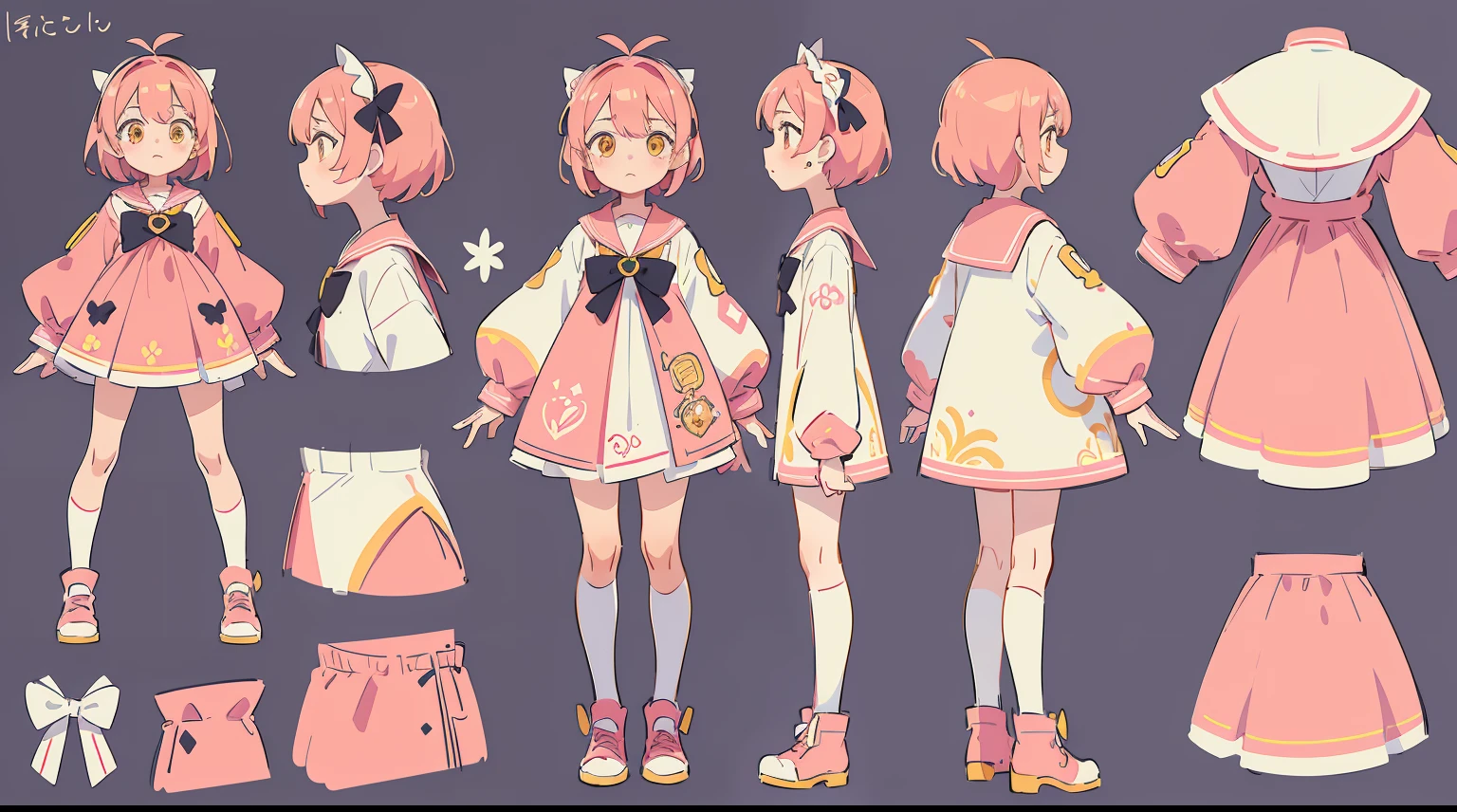 Character reference sheet, 1 girl, 10years old, ((Azure fantasy characters)),  The whole body is intact, character design sheet, ((1 Front perspective view, Only 1 front view and 1 rear view)) Yellow and white theme clothing design, Symmetrical elements in clothing, Clothing simulation detection similar to CLO, marvelous designer, 8K resolution, Ultra HD image output，punk clothing，Pink sailor suit，pink short hair，yellow-eyed，Big white bow on head，teens girl