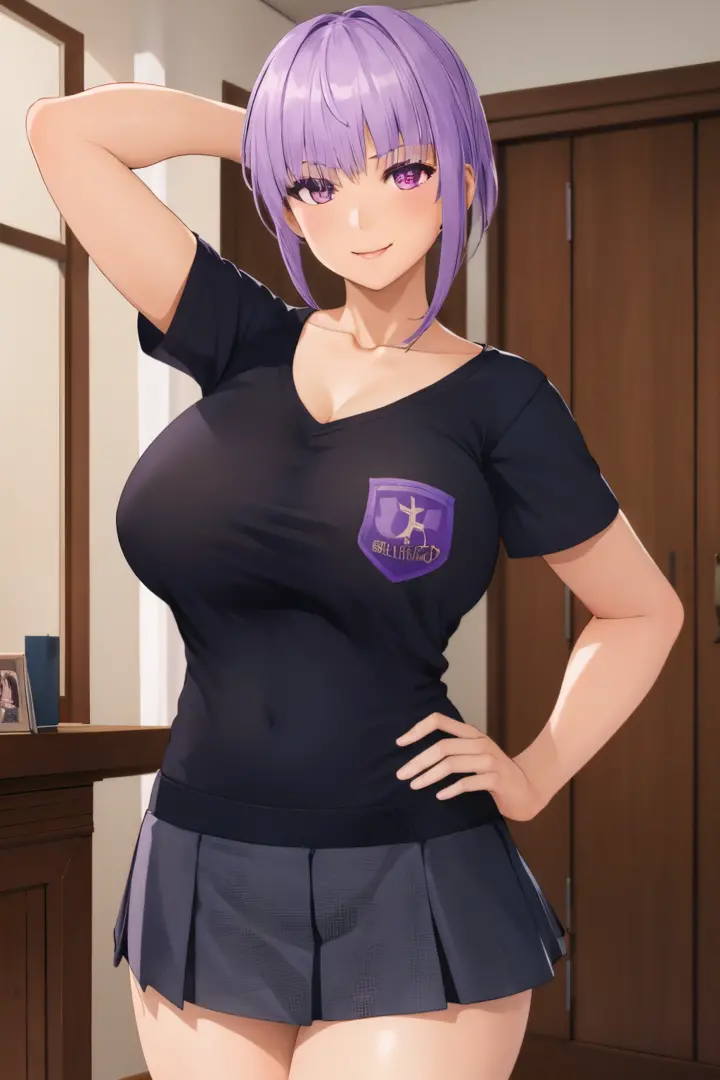 Ayane, 1girl in, A smile,in the livingroom, Colossal breasts, school shirt, a miniskirt, sexy  pose