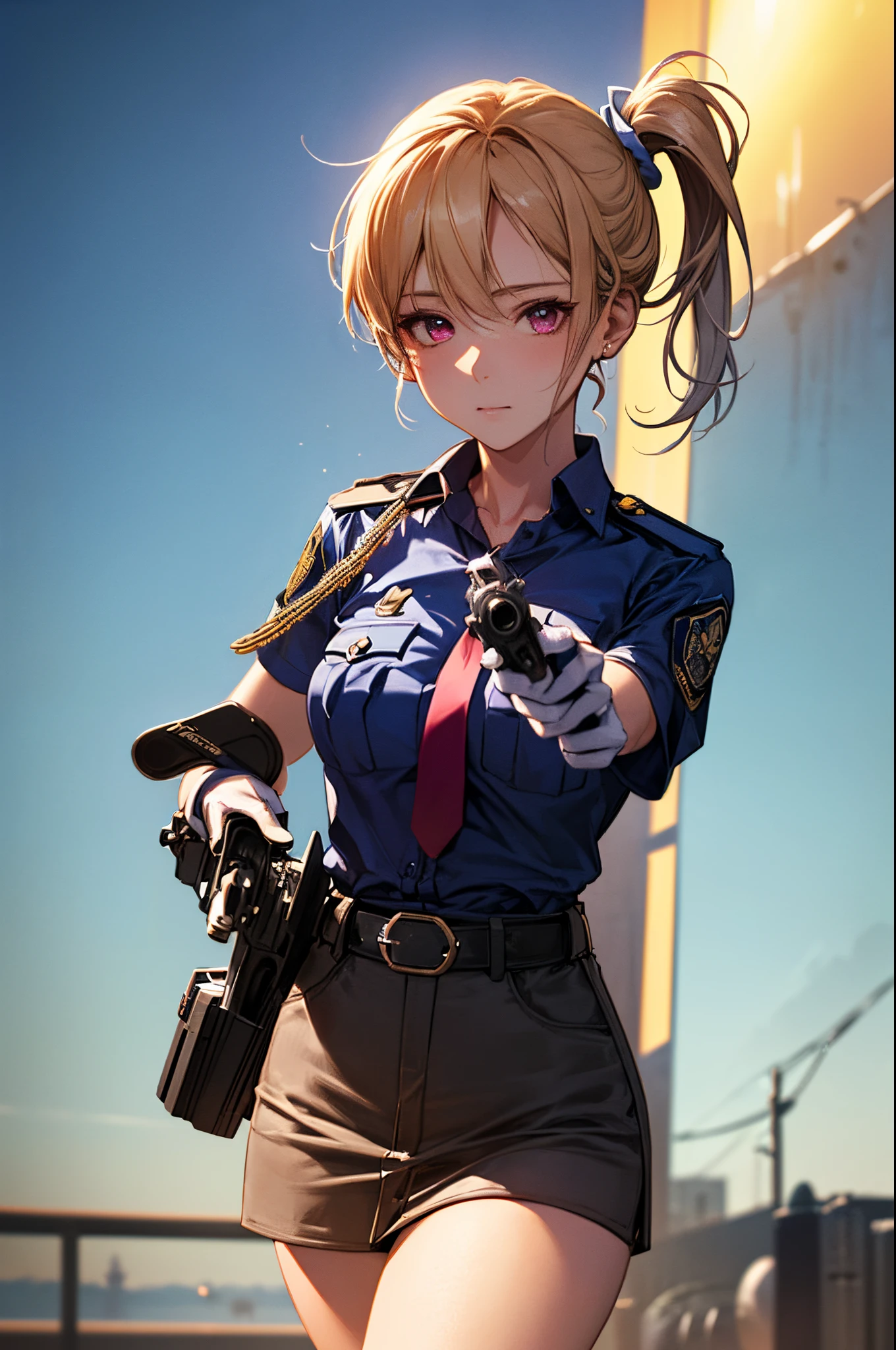 (((perfect anatomy, super detailed skin))), 1 girl, japanese, police girl, shiny skin, large breasts:0.5, looking away, looking up, watching the view, 
beautiful hair, beautiful face, beautiful detailed eyes, (long hair:1.5, side ponytail:1.7), blond hair, bangs, hair between eye, red eyes, 
beautiful clavicle, beautiful body, beautiful chest, beautiful thighs, beautiful legs, babyface, mole under eye, 
((policewoman uniform, light blue short sleeved shirt, navy necktie, high waisted miniskirt), belt, white gloves, police hat, handcuffs), seductive thighs, 
(((aiming at viewer, holding pistol, handgun))), , 
(beautiful scenery), wasteland, burning city, 
8k, top-quality, masterpiece​:1.2, extremely detailed), (realistic, photorealistic:1.2), beautiful illustration, cinematic lighting,