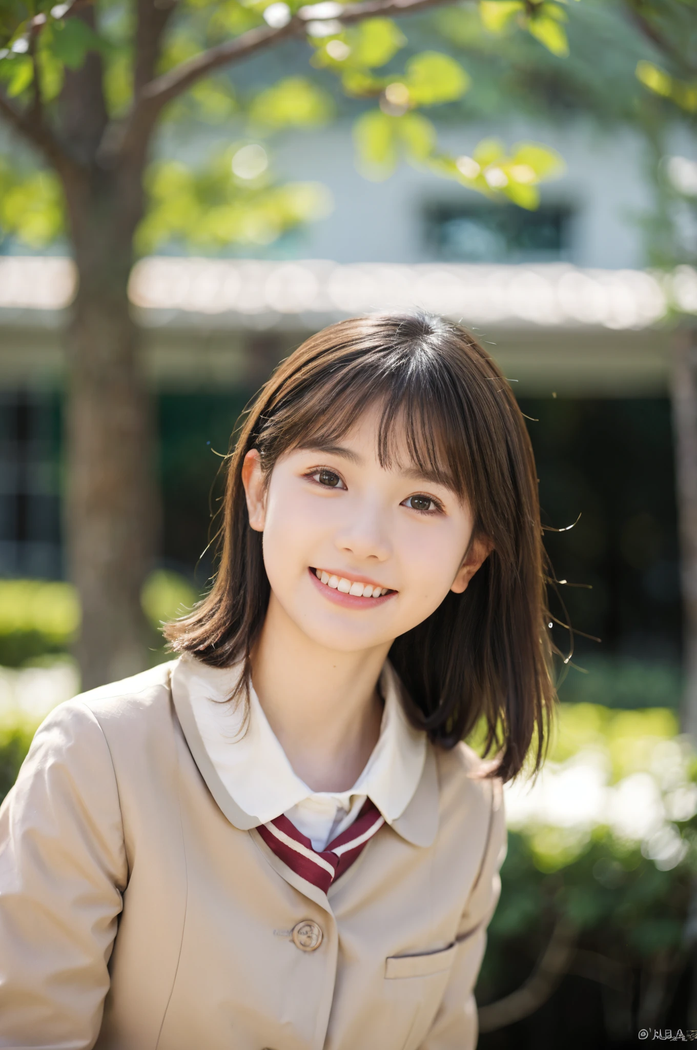 ​masterpiece, top-quality、Raw foto, Photorealsitic、1、12year old、Junior High School Classroom、(facial close-up)、White blouses、Smile with wide open mouth、Very Shorthair、Junior High School Uniforms、unbelievable Ridiculous、depth of fields, hight resolution, ultra-detailliert, foco nítido, Cinematic lighting