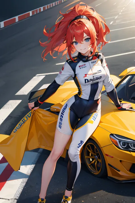 (best quality,highres),Tess Darret,Pole Position,holding a race helmet in hands,standing inside of her race car,smiling,anime style,bright colors,dynamic lighting,shiny finish,energetic pose,attention to detail,sparkling eyes,long flowing hair,wearing a ra...