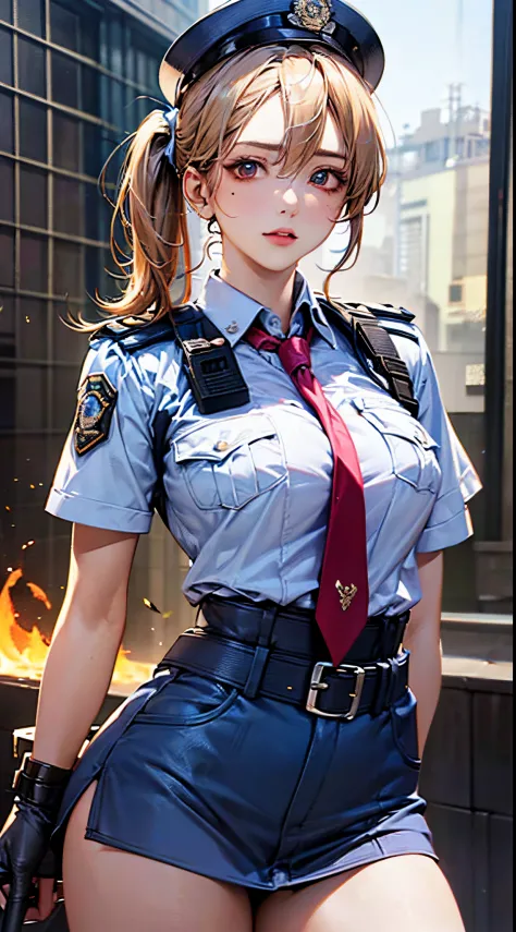 (((perfect anatomy, super detailed skin))), 1 girl, japanese, police girl, shiny skin, large breasts:0.5, looking away, looking ...