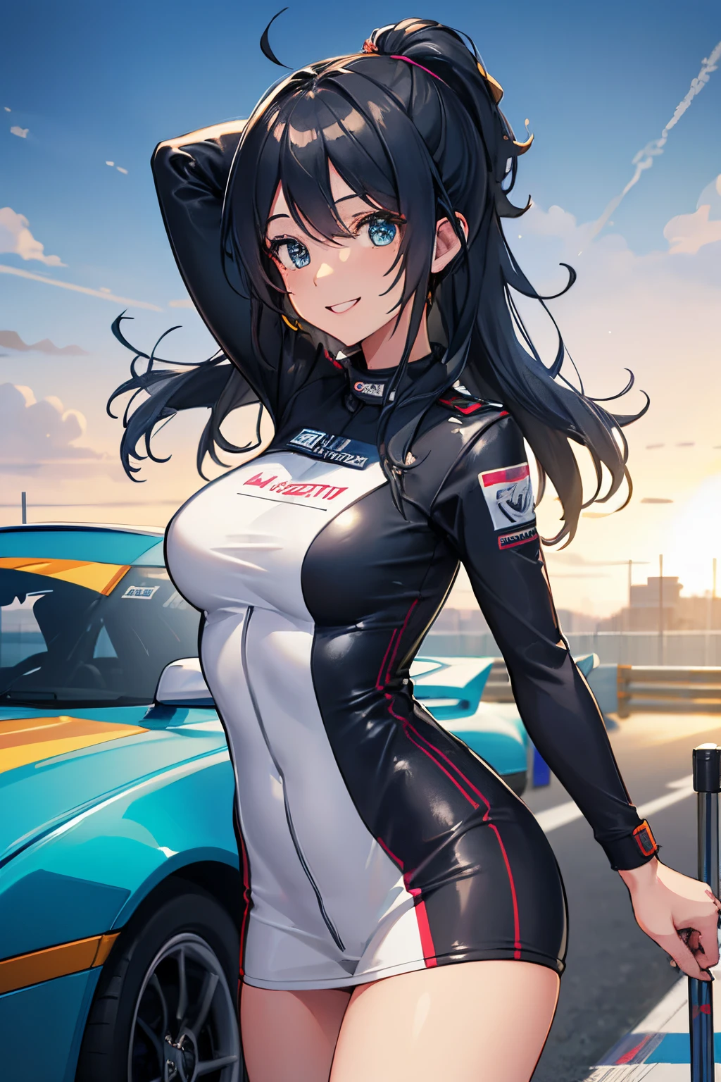 (best quality,highres),Tess Darret,Pole Position,holding a race helmet in hands,standing inside of her race car,smiling,anime style,bright colors,dynamic lighting,shiny finish,energetic pose,attention to detail,sparkling eyes,long flowing hair,wearing a racing suit,checkered flag pattern on the car,exciting atmosphere,vivid expressions