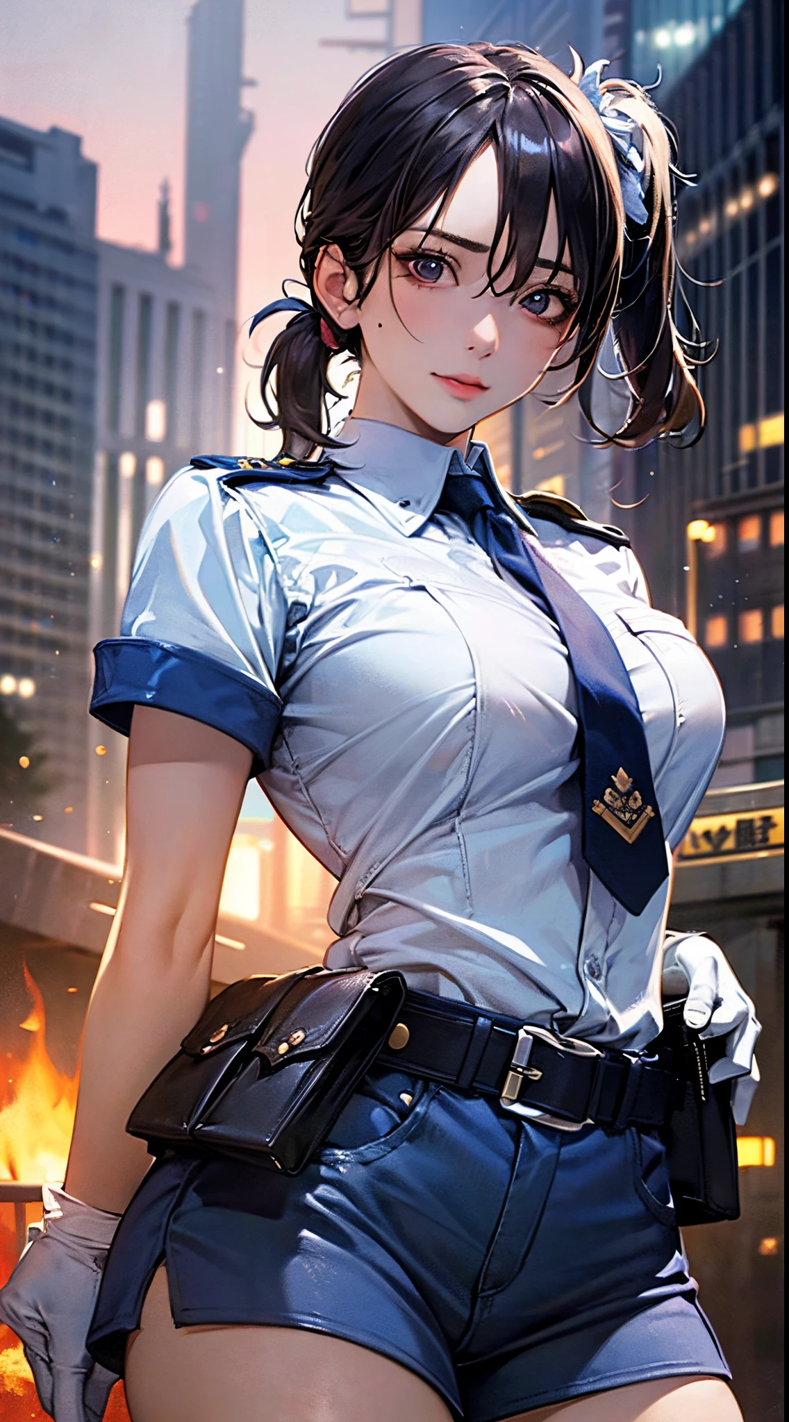 (((perfect anatomy, super detailed skin))), 1 girl, japanese, police girl, shiny skin, large breasts:0.5, looking away, looking up, watching the view, 
beautiful hair, beautiful face, beautiful detailed eyes, (long hair:1.5, side ponytail:1.7), blond hair, bangs, hair between eye, red eyes, 
beautiful clavicle, beautiful body, beautiful chest, beautiful thighs, beautiful legs, babyface, mole under eye, 
((policewoman uniform, light blue short sleeved shirt, navy necktie, high waisted miniskirt), belt, white gloves, police hat, handcuffs), seductive thighs, 
(((aiming at viewer, holding pistol, handgun))), , 
(beautiful scenery), wasteland, burning city, 
8k, top-quality, masterpiece​:1.2, extremely detailed), (realistic, photorealistic:1.2), beautiful illustration, cinematic lighting,