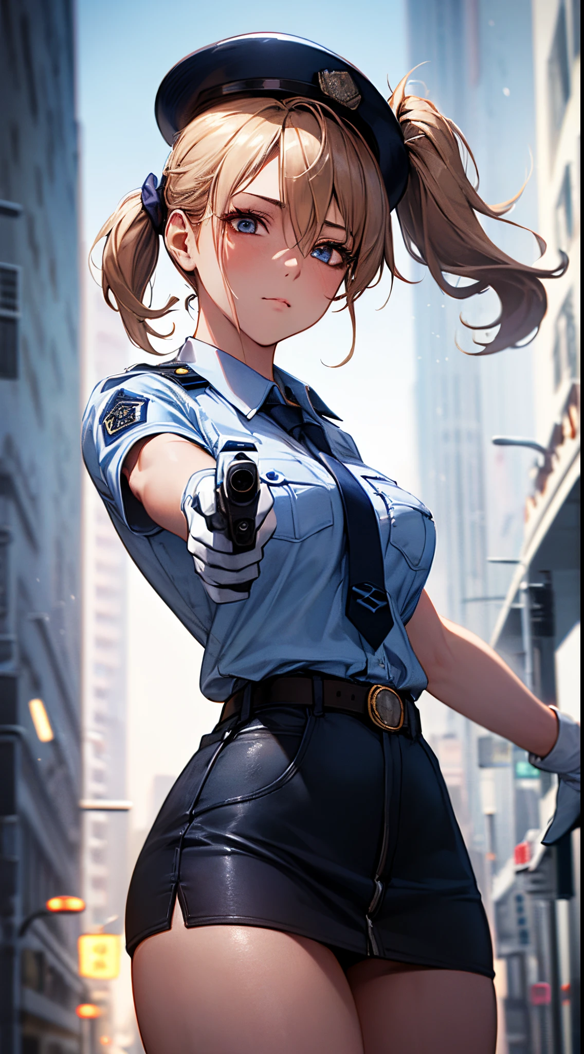 (((perfect anatomy, super detailed skin))), 1 girl, japanese, police girl, shiny skin, large breasts:0.5, looking away, looking up, watching the view, 
beautiful hair, beautiful face, beautiful detailed eyes, (long hair:1.5, side ponytail:1.7), blond hair, bangs, hair between eye, red eyes, 
beautiful clavicle, beautiful body, beautiful chest, beautiful thighs, beautiful legs, babyface, mole under eye, 
((policewoman uniform, light blue short sleeved shirt, navy necktie, high waisted miniskirt), belt, white gloves, police hat, handcuffs), seductive thighs, 
(((aiming at viewer, holding pistol, handgun))), , 
(beautiful scenery), wasteland, burning city, 
8k, top-quality, masterpiece​:1.2, extremely detailed), (realistic, photorealistic:1.2), beautiful illustration, cinematic lighting,