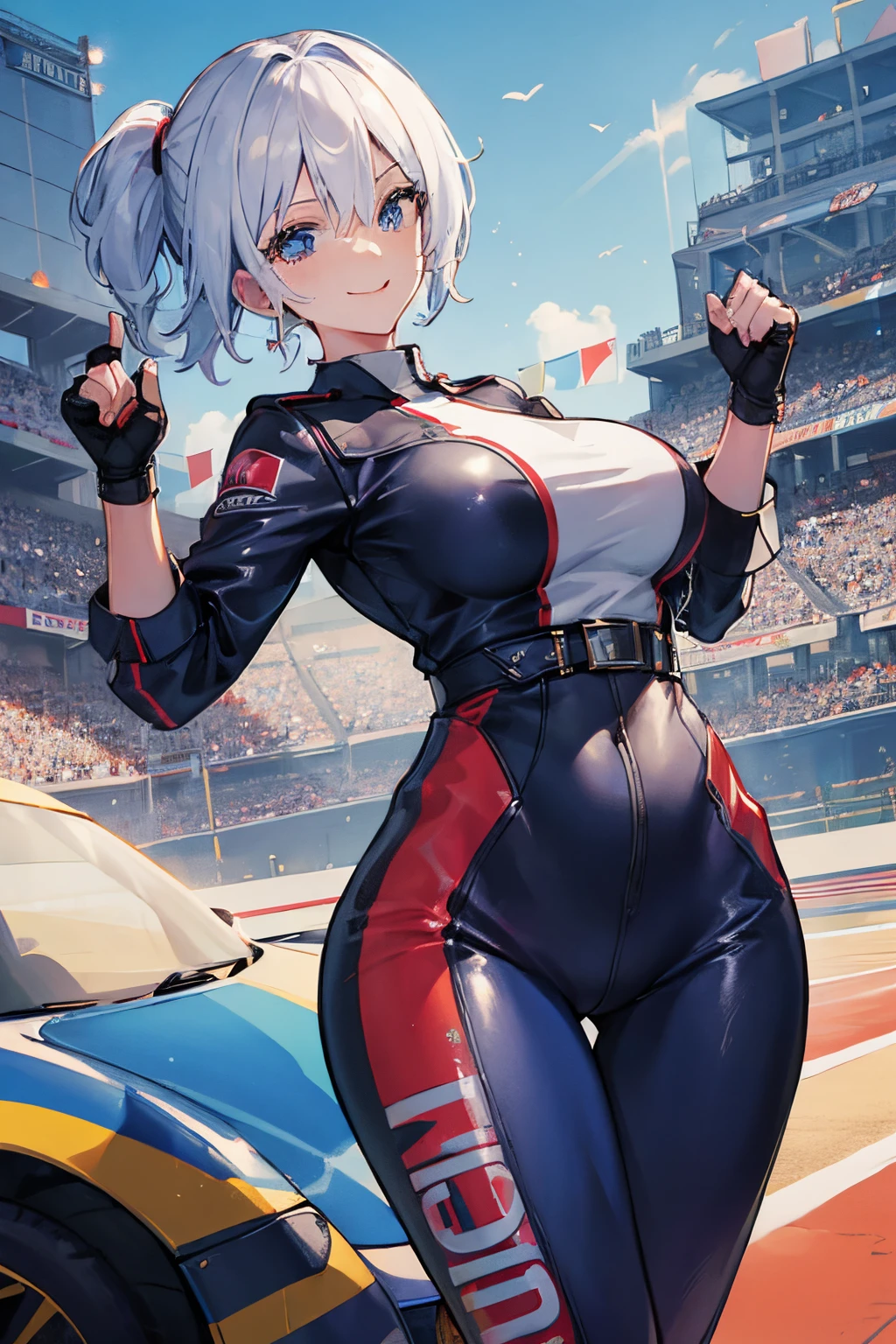 (best quality,highres),Tess Darret,Pole Position,holding a race helmet in hands,standing inside of her race car,smiling,anime style,bright colors,dynamic lighting,shiny finish,energetic pose,attention to detail,sparkling eyes,long flowing hair,wearing a racing suit,checkered flag pattern on the car,exciting atmosphere,vivid expressions