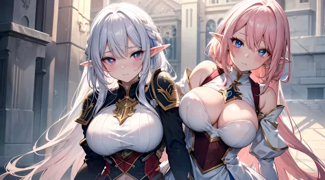 2 elf girls, (kissing), (groping), blushed face, mischievous facial expression, (two tone colored hair, red and white hair), blushed face, battle knight suit, breast plate, long skirt, big breast, pixiv, anime girls, mischievous facial expression, (beautif...