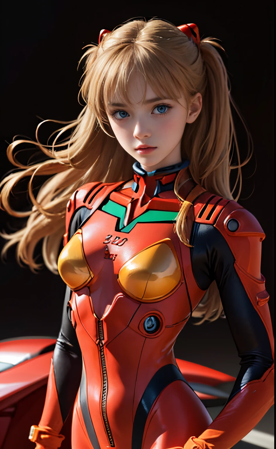 (Masterpiece: 1.4, highest quality), (intricate details), Unity8k wallpaper, super detailed, beautiful and mysterious, detailed background, realistic, solo, perfect detail face, detailed blue eyes, very detailed, blush, hair ornament, chignon mahogany hair, (blonde hair), plug suit 02,Shikinami Asuka Langley, Evangelion, slender 15-year-old girl, full body suit, black background, Above the waist