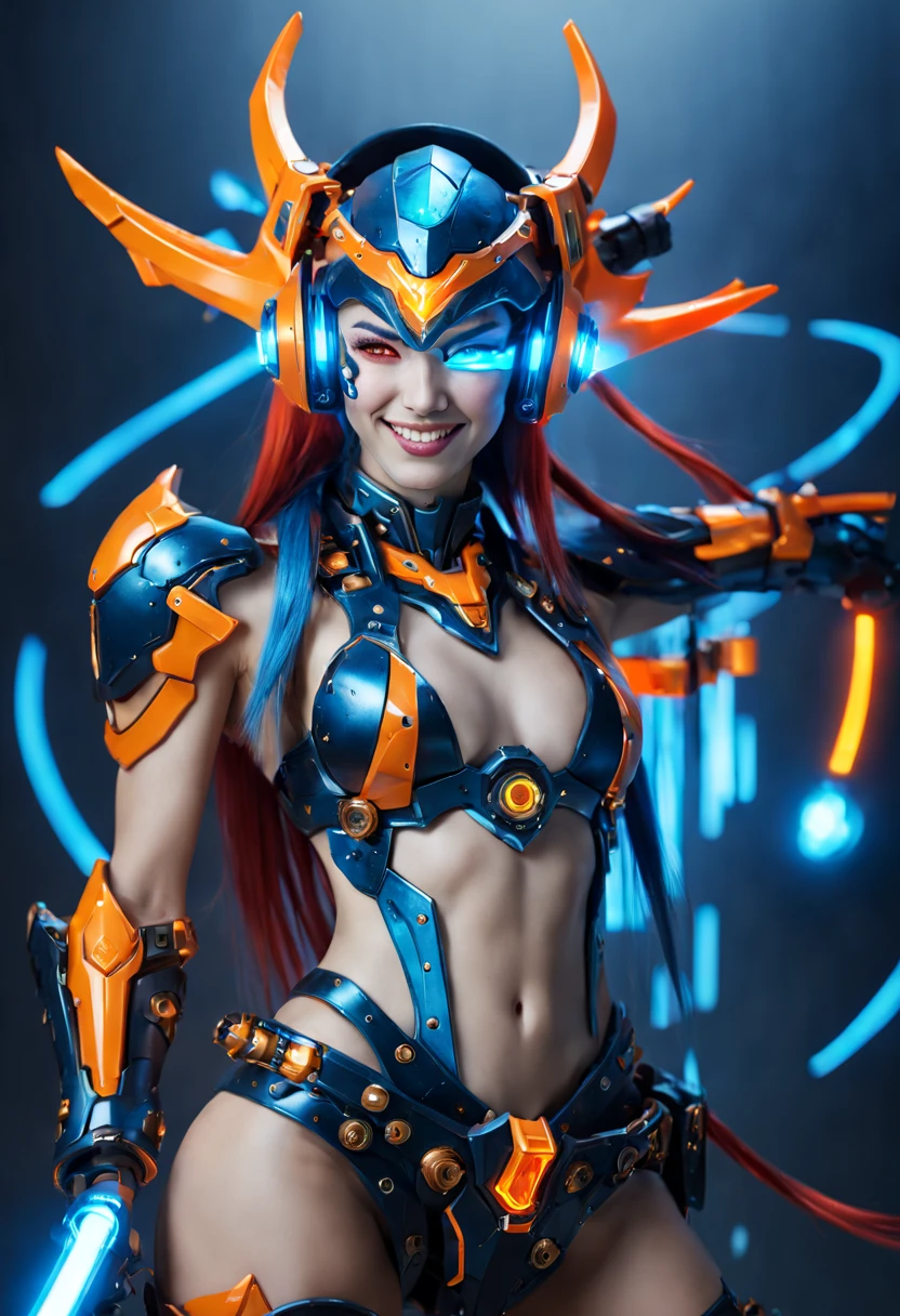 Game character design，3D character rendering，(((Vector illustration, flat illustration)))，League of Legends Jinx，((1girl，Blue double ponytail，Red eyes，big laughter，future warrior，Mechanical Warframe，Decorated with luminous lines and rivets，With streamer effect or LED light embellishment，Laser cannon、Ion cannon or pulse cannon))，((hair design：Brilliant deep blue，Add some glowing elements，Futuristic headgear such as orange photoelectric glasses or head-mounted display))，((Expression design：Add some glowing lines or orange LED light effects to the facial decoration，Design different facial expressions，Highlight the image of future warriors))，(action design：On the move、When releasing a skill or attacking，Add some special effects and animations，Highlight the sense of future and combat)，((Special effects design：Add cool orange light effects、Electromagnetic wave effect or virtual interface，Enhance the visual impact of skin)), ((standing on your feet，Metal heels, Glowing lines or orange LED light effect)), (full body shot of: 1.5)，jinx (league of legends)