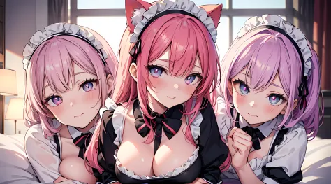 2 cat eared girls, posing for a picture on bed, (french kiss), (groping), blushed face, mischievous facial expression, (two tone colored hair, red and white hair), blushed face, licking own lips, black maid outfit, maid headband, long skirt, big breast, pi...