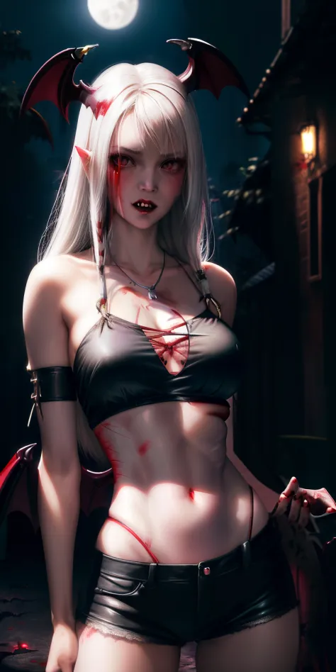 realistic, 1girl, (vampire girl:1.4), white hair, (red eyes), glowing eyes, slit pupils, (blood, blood splatter), crop top, cleavage, short shorts, collarbone, parted lips, fangs, makeup, blush, night, reflection, full moon, moonlight, rose, castle, shadow...