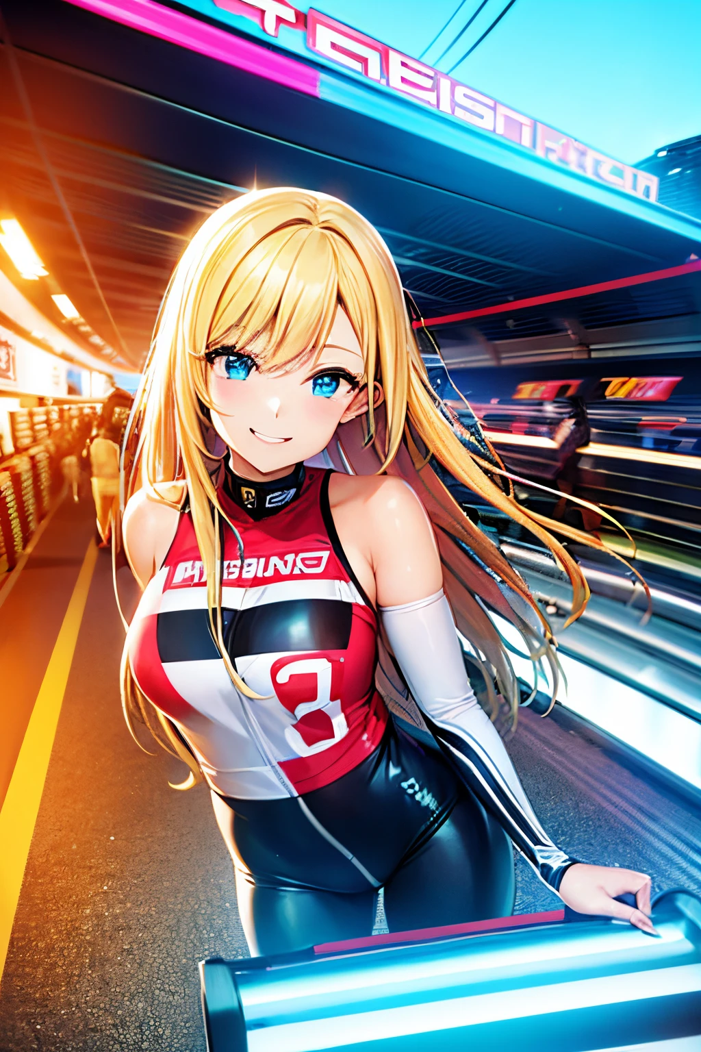 best quality,highres),Tess Darret,Pole Position,holding a race helmet in hands,standing inside of her race car,smiling,anime style,bright colors,dynamic lighting,shiny finish,energetic pose,attention to detail,sparkling eyes,long flowing hair,wearing a racing suit,checkered flag pattern on the car,exciting atmosphere,vivid expressions