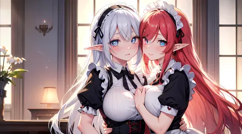 2 elf girls, (kissing), (groping), blushed face, mischievous facial expression, (two tone colored hair, red and white hair), blushed face, licking own lips, black maid outfit, maid headband, long skirt, big breast, pixiv, anime girls, seductive facial expr...