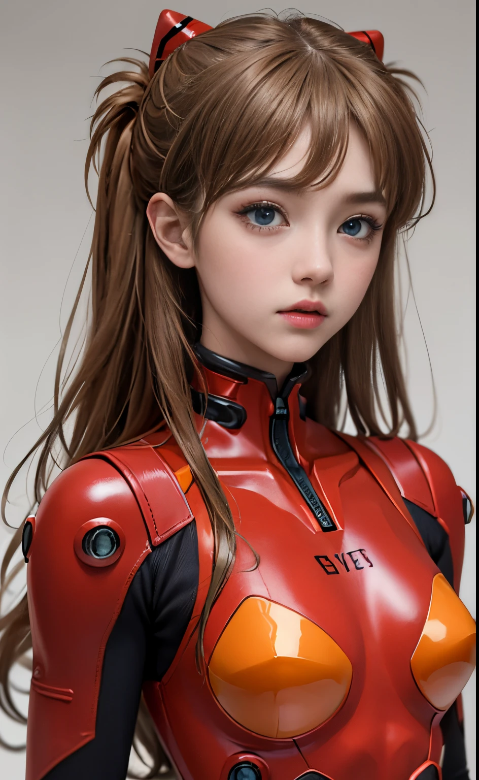 (​masterpiece:1.4、top-quality)、(intricate detailes)、Unity8k wallpapers、ultra-detailliert、Beautiful and mysterious、detailedbackground、realisitic、独奏、Perfectly detailed face、Detailed blue eyes、ighly detailed、red blush、hair adornments、Chignon mahogany hair、(blonde  hair)、Plug Suit 02,Shikinami Asuka Langley、evangerion、Looking at the camera、facing front、Cute little girl s、full body suits、black backgrounds、large boob