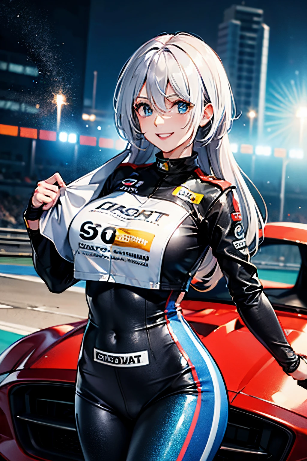 best quality,highres),Tess Darret,Pole Position,holding a race helmet in hands,standing inside of her race car,smiling,anime style,bright colors,dynamic lighting,shiny finish,energetic pose,attention to detail,sparkling eyes,long flowing hair,wearing a racing suit,checkered flag pattern on the car,exciting atmosphere,vivid expressions