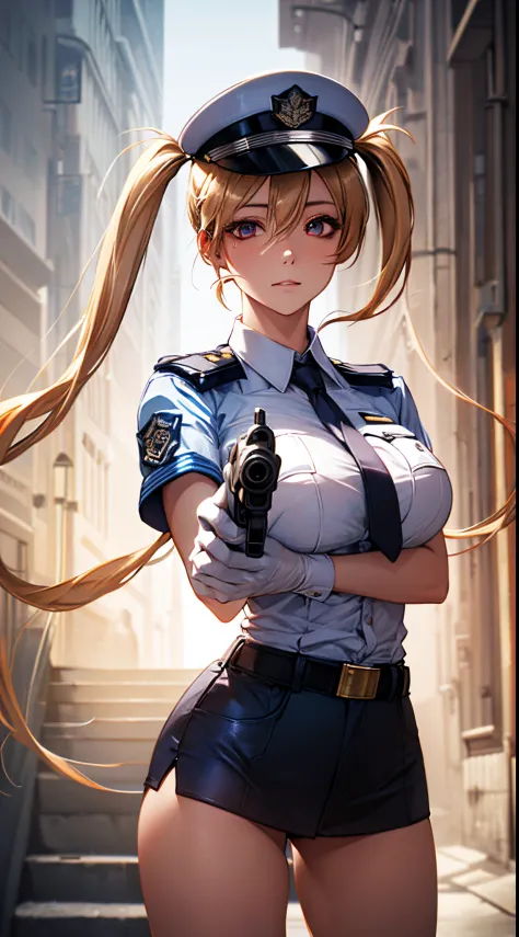 (((perfect anatomy, super detailed skin))), 1 girl, japanese, police girl, shiny skin, large breasts:0.5, looking away, looking ...