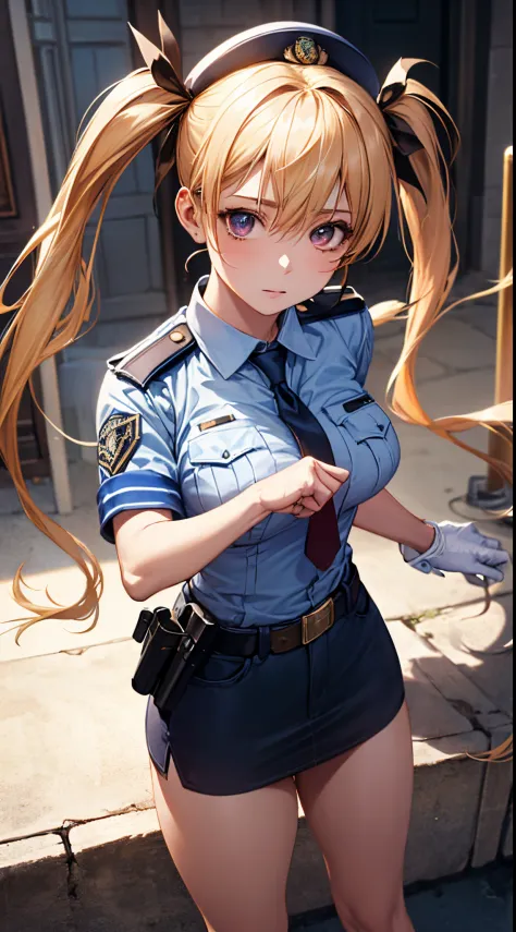 (((perfect anatomy, super detailed skin))), 1 girl, japanese, police girl, shiny skin, large breasts:0.5, looking away, looking ...