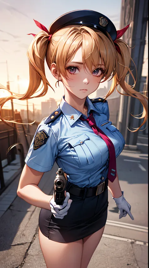 (((perfect anatomy, super detailed skin))), 1 girl, japanese, police girl, shiny skin, large breasts:0.5, looking away, looking ...