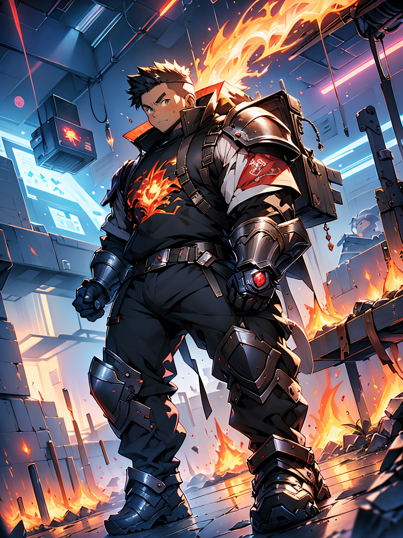 muscular male kawaii moe anime babyface, metalic armored slayer fireball magic lava world