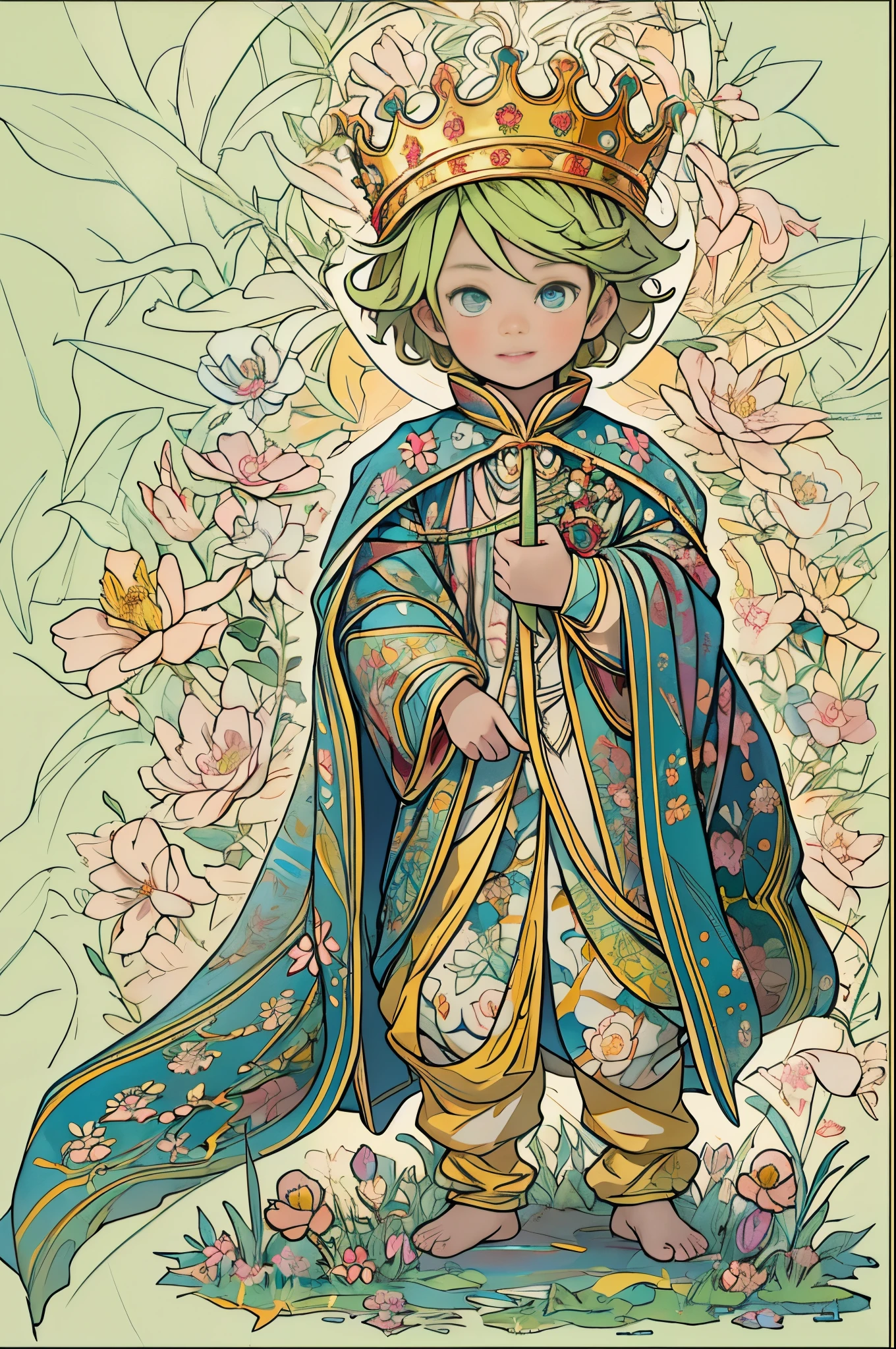 paint a decorative painting，little prince wearing crown， boy，Childish face，Bright and harmonious colors，（Decorative painting：1.6），dressed in：Exquisite and noble robe，Elaborate Eyes，delicated face，simple backgound，Lots of flowers around，flowers blooming，A sea of flowers，（tangled，datura，Tangles，entangled）， (s fractal art: 1.3)，simple backgound，Upper part of the body，